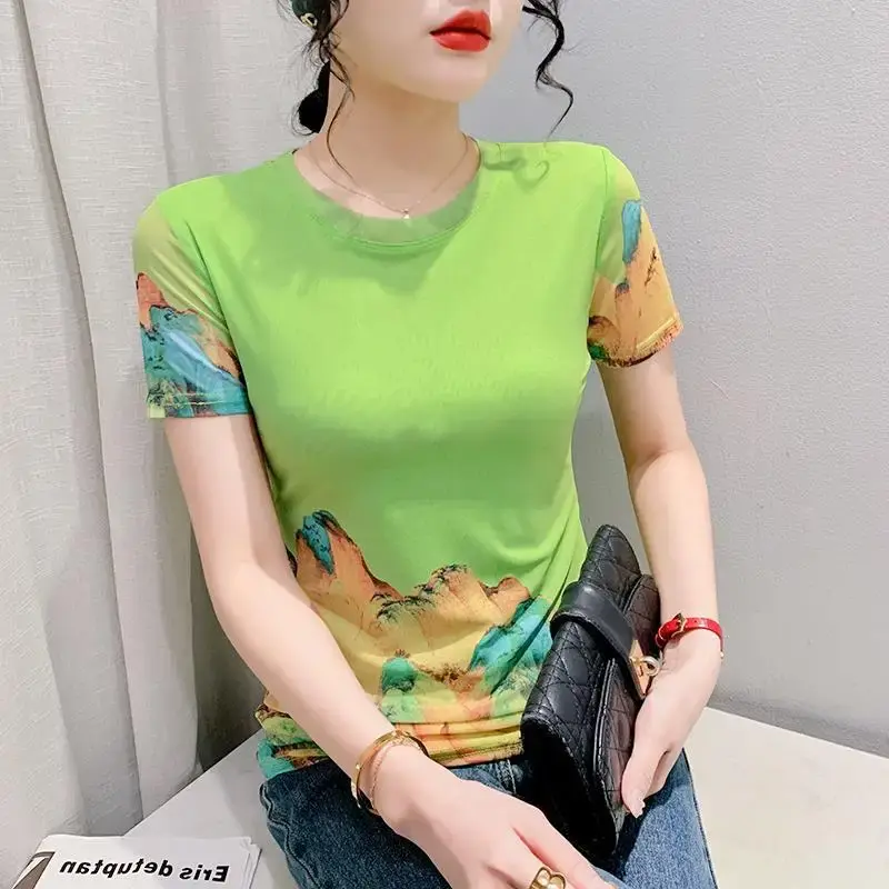 Fashionable Summer 2023 Short Sleeve Round Neck Slimming Stylish Top Trendy European Style Net Printing Positioning Flowers