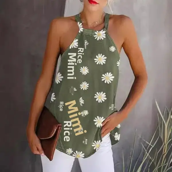 New Cross-Border Women's Tank Top Belted Back Zipper round Neck Leopard Print Floral Mixed Fabric Sleeveless Chinese Origin