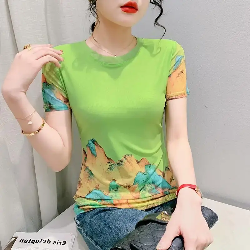 Fashionable Summer 2023 Short Sleeve Round Neck Slimming Stylish Top Trendy European Style Net Printing Positioning Flowers