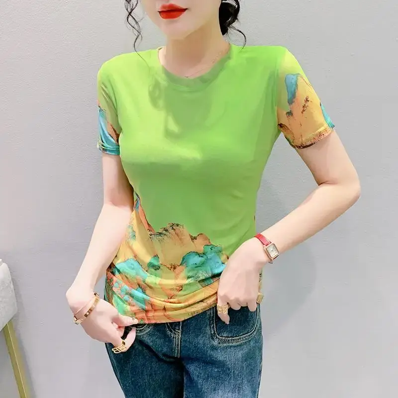 Fashionable Summer 2023 Short Sleeve Round Neck Slimming Stylish Top Trendy European Style Net Printing Positioning Flowers