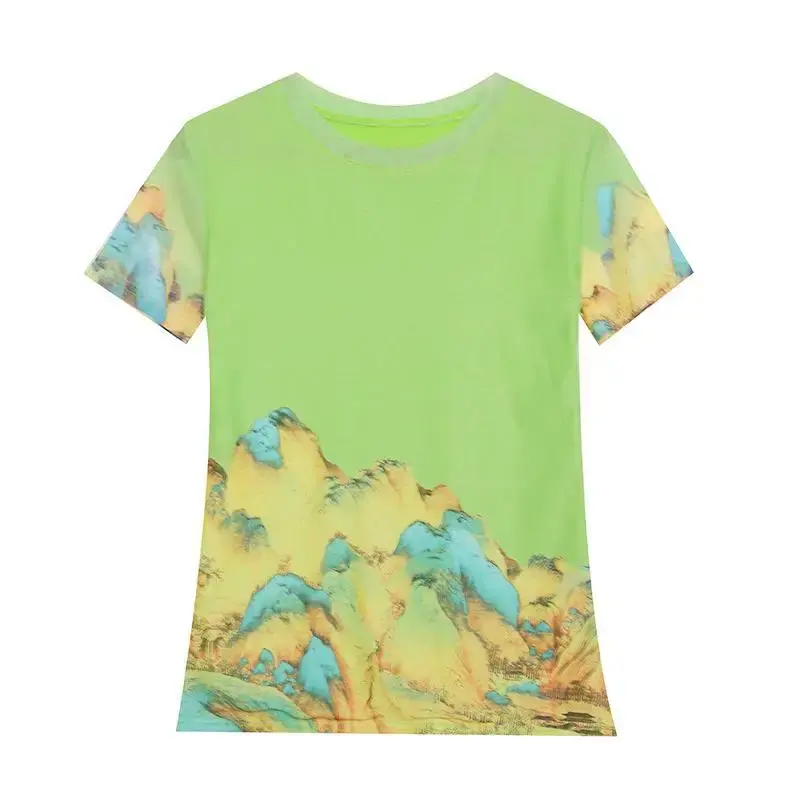 Fashionable Summer 2023 Short Sleeve Round Neck Slimming Stylish Top Trendy European Style Net Printing Positioning Flowers