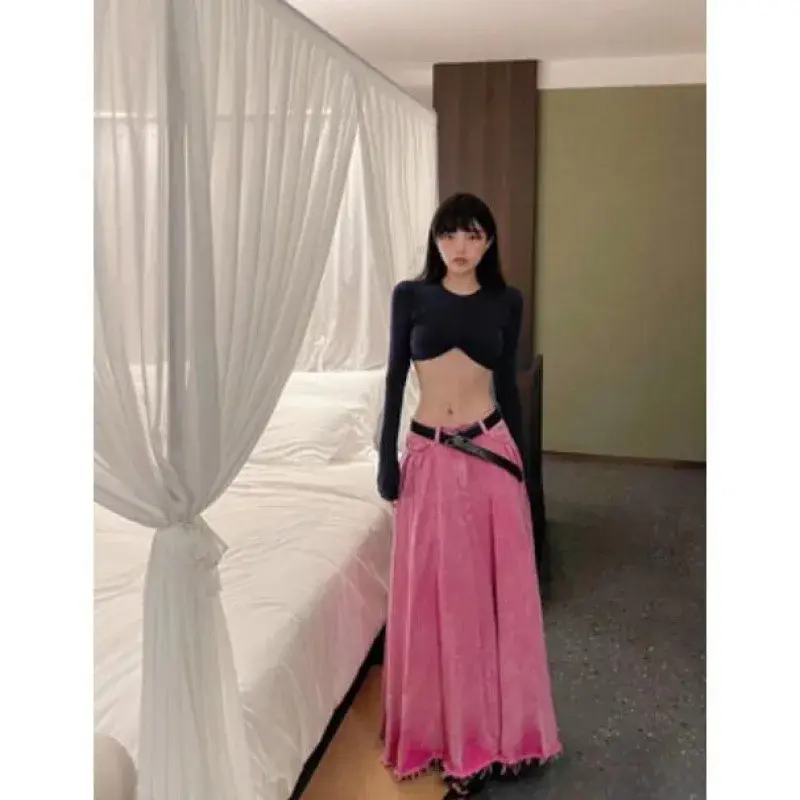 Chic American Style Denim Skirt Women's Half-length Midi Skirts Sexy Cherry Pink Text Pleated Long Skirts Female Fashionable