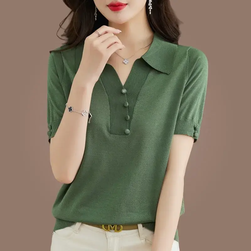 Summer Knitted Ice Silk Loose Fit Short Sleeve T-Shirt Women's Fashionable Turn-down Collar Mommy Style Top Thin Cotton Material