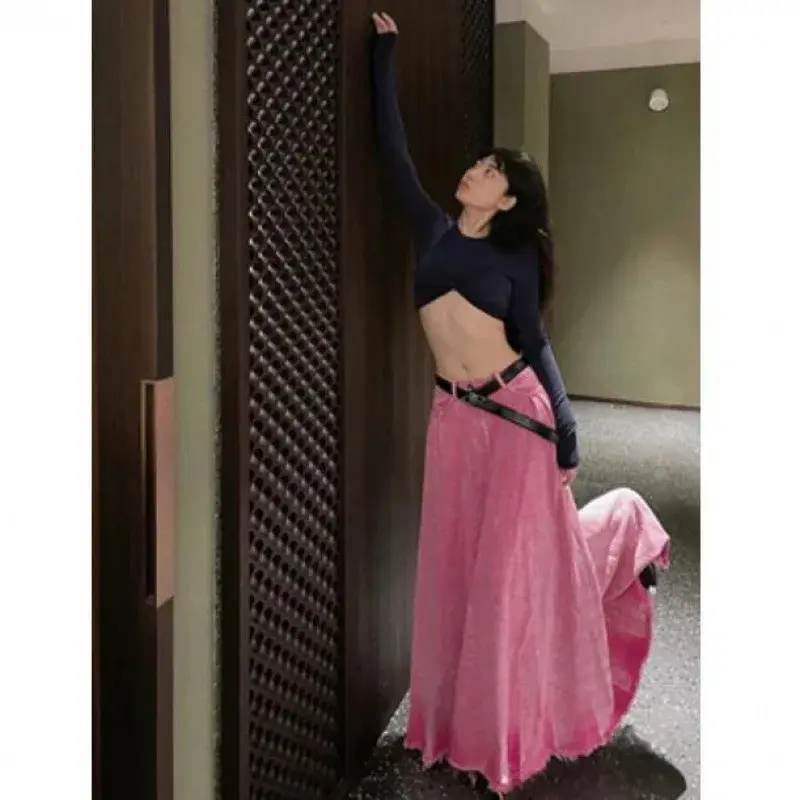 Chic American Style Denim Skirt Women's Half-length Midi Skirts Sexy Cherry Pink Text Pleated Long Skirts Female Fashionable