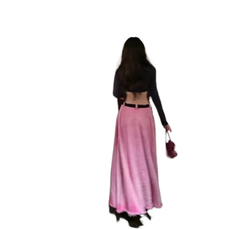 Chic American Style Denim Skirt Women's Half-length Midi Skirts Sexy Cherry Pink Text Pleated Long Skirts Female Fashionable