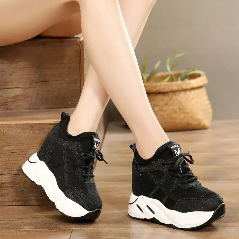 Harajuku Hollow Breathable Inner Height Increase Women's Shoes Lace-up Slope Heel Versatile Thick Bottom Sports Shoes Trendy