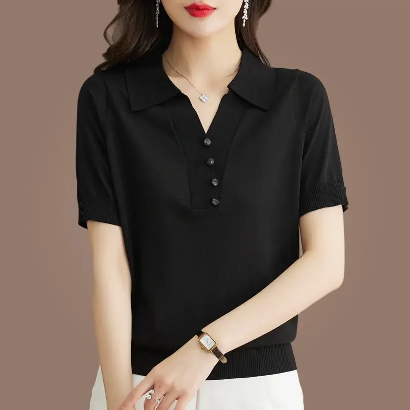 Summer Knitted Ice Silk Loose Fit Short Sleeve T-Shirt Women's Fashionable Turn-down Collar Mommy Style Top Thin Cotton Material