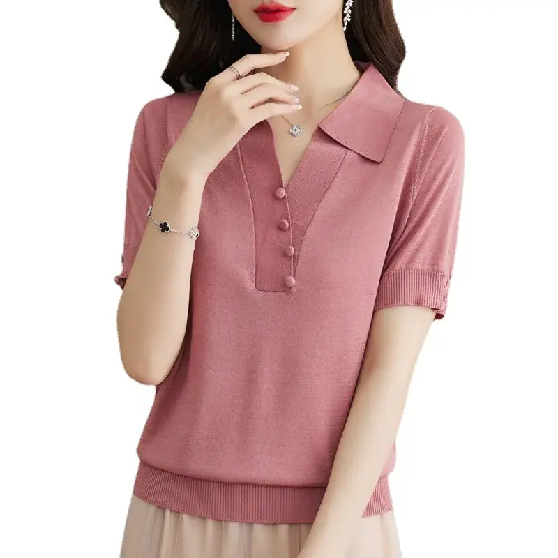 Summer Knitted Ice Silk Loose Fit Short Sleeve T-Shirt Women's Fashionable Turn-down Collar Mommy Style Top Thin Cotton Material