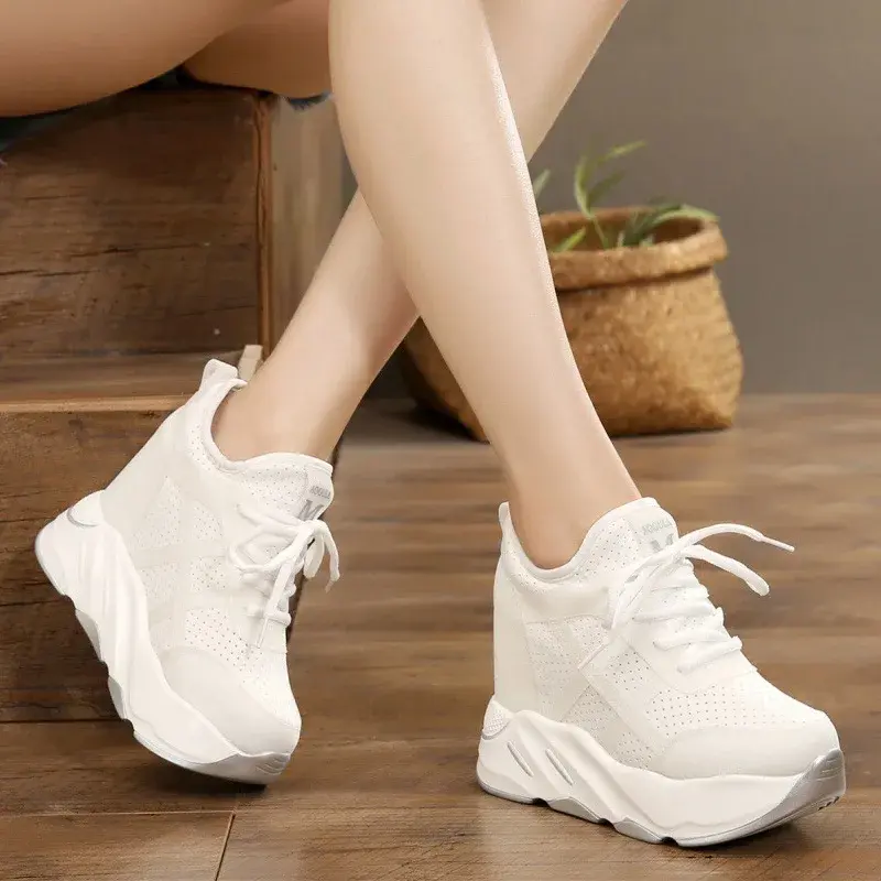 Harajuku Hollow Breathable Inner Height Increase Women's Shoes Lace-up Slope Heel Versatile Thick Bottom Sports Shoes Trendy