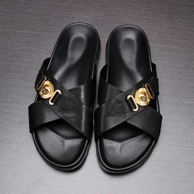 Trendy Versatile Men's Slippers Soft Sole One-Piece Genuine Leather Beach Shoes Cross Strap Casual Shoes Summer 2024