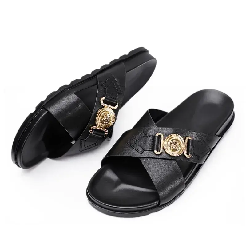 Trendy Versatile Men's Slippers Soft Sole One-Piece Genuine Leather Beach Shoes Cross Strap Casual Shoes Summer 2024