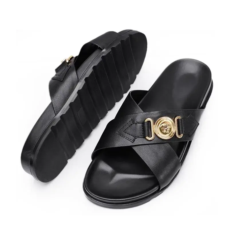Trendy Versatile Men's Slippers Soft Sole One-Piece Genuine Leather Beach Shoes Cross Strap Casual Shoes Summer 2024