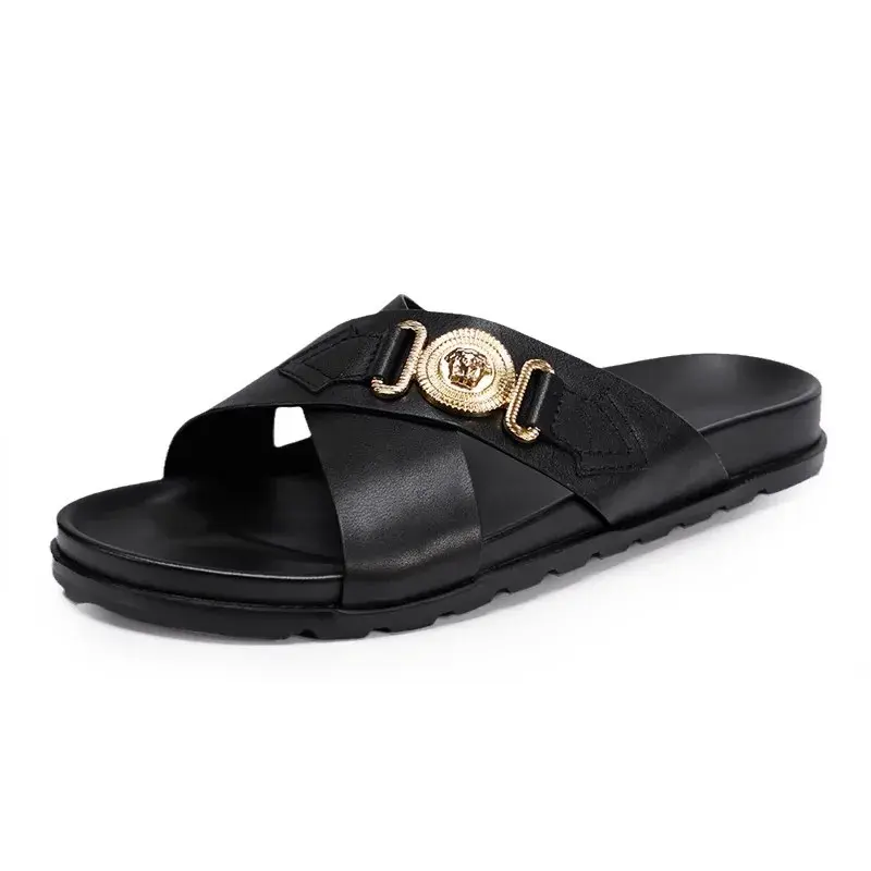Trendy Versatile Men's Slippers Soft Sole One-Piece Genuine Leather Beach Shoes Cross Strap Casual Shoes Summer 2024
