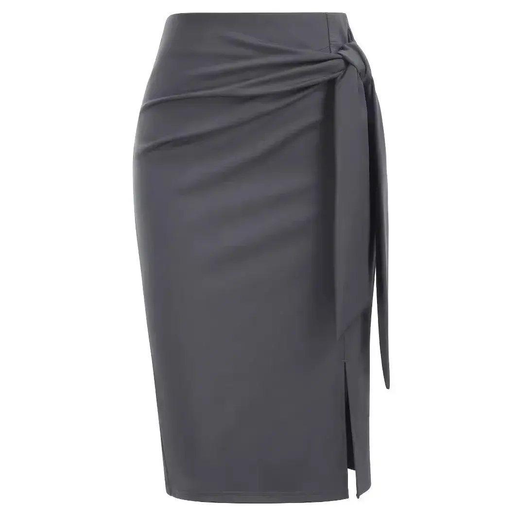 Elegant Pure Color High Waist Butterfly Knot Mid Thigh Split Business Skirt for Women Elegant Professional Split Half-length Ski