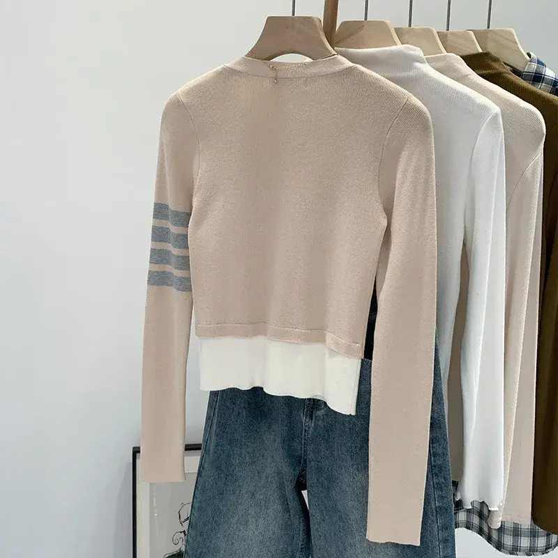 Korean Style Spliced Knitted Outerwear Women's Autumn Winter High Contrast Color V-Neck Full Sleeve T-Shirt Fashionable Cardigan