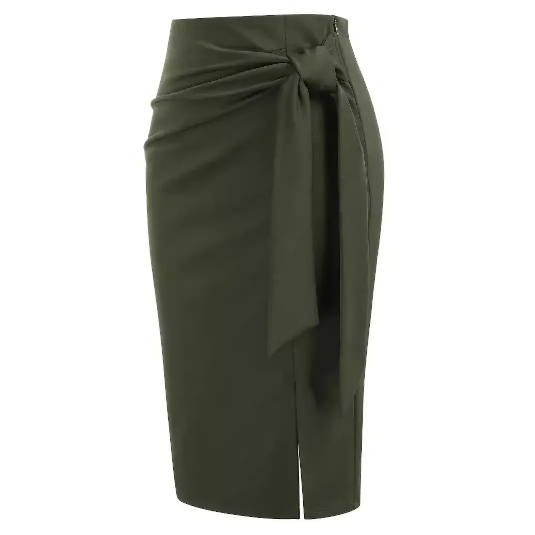 Elegant Pure Color High Waist Butterfly Knot Mid Thigh Split Business Skirt for Women Elegant Professional Split Half-length Ski