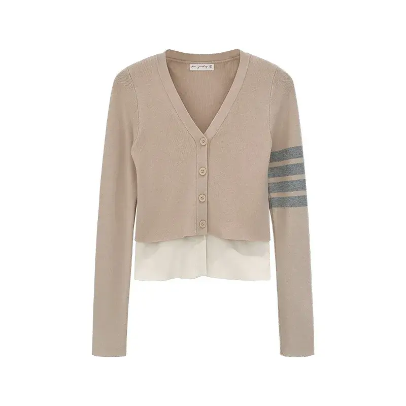 Korean Style Spliced Knitted Outerwear Women's Autumn Winter High Contrast Color V-Neck Full Sleeve T-Shirt Fashionable Cardigan