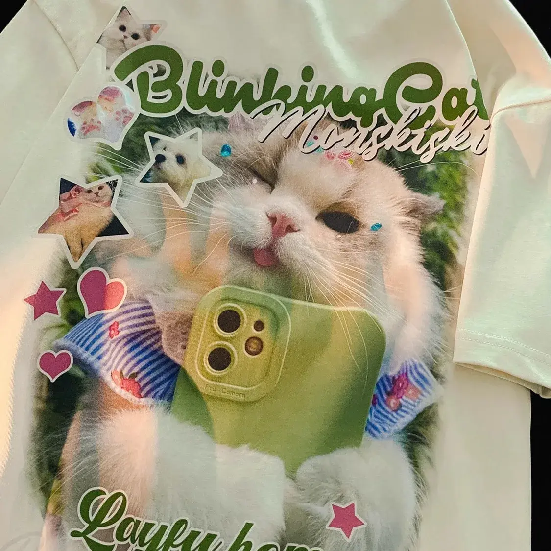 2024 Summer Cool Cat Printed Short Sleeve T-Shirt Unisex Loose Fit Vintage Trendy Brand Couple Top Crew Neck Decoration