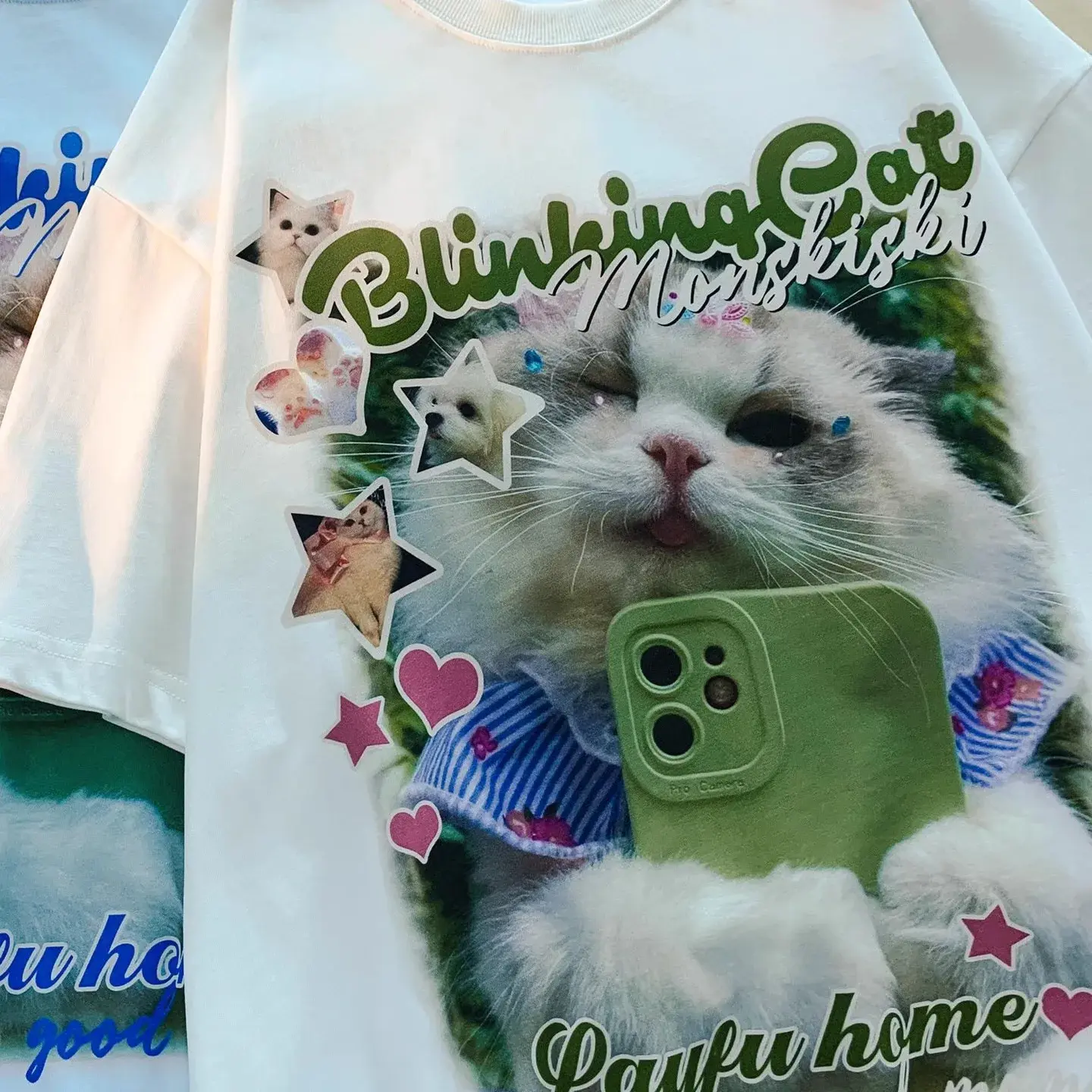 2024 Summer Cool Cat Printed Short Sleeve T-Shirt Unisex Loose Fit Vintage Trendy Brand Couple Top Crew Neck Decoration