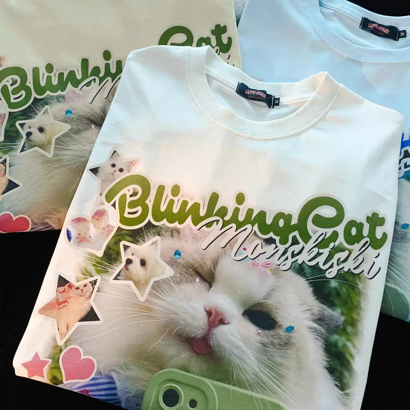 2024 Summer Cool Cat Printed Short Sleeve T-Shirt Unisex Loose Fit Vintage Trendy Brand Couple Top Crew Neck Decoration