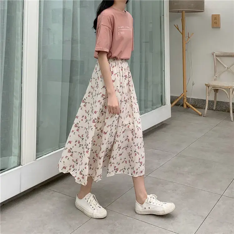Floral A- Line Mini Skirt Fairy Tale Style Fresh And Light Slimming Long Skirt Polyester Fiber Half-length Gown for Women