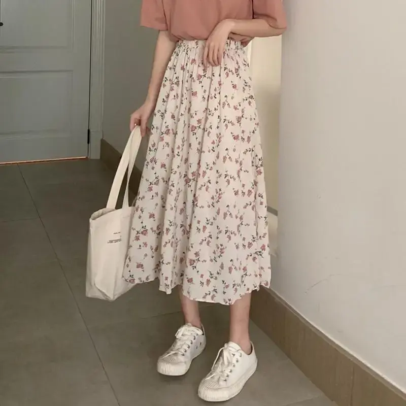 Floral A- Line Mini Skirt Fairy Tale Style Fresh And Light Slimming Long Skirt Polyester Fiber Half-length Gown for Women