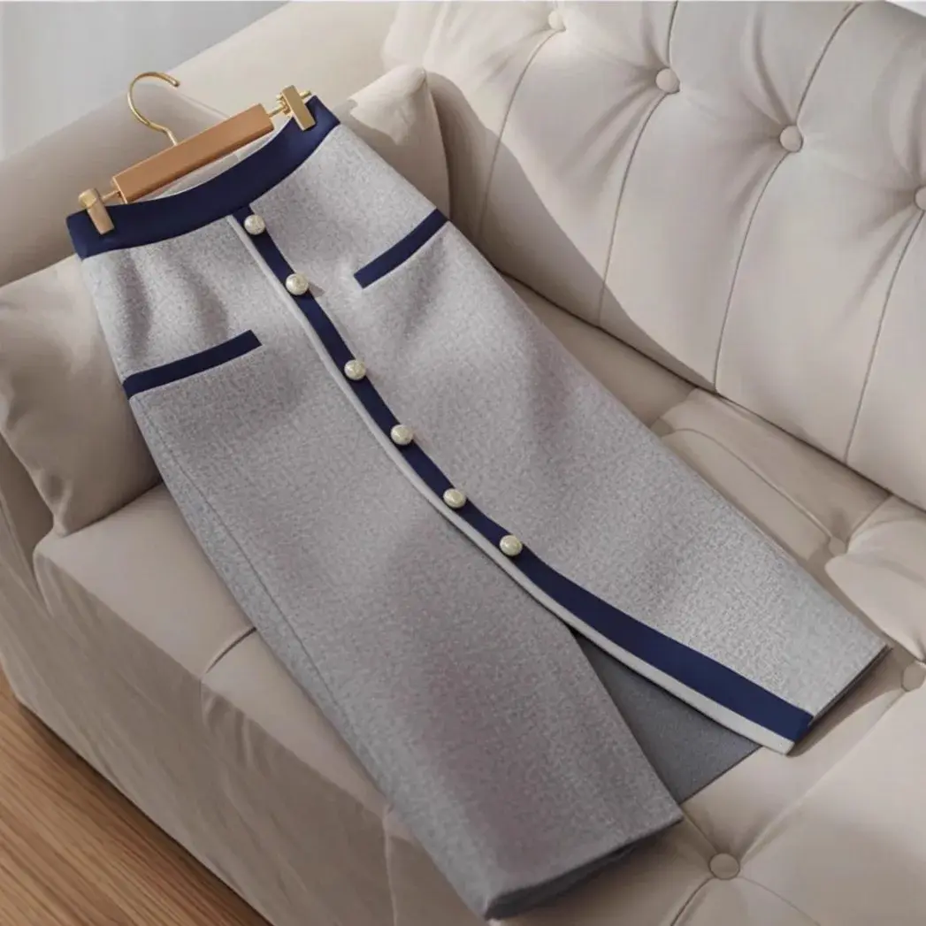Elegant High-End Petite A- Line Skirt In Grey Slimming High-Waisted Pear-Shaped Body Conscious Design For Autumn