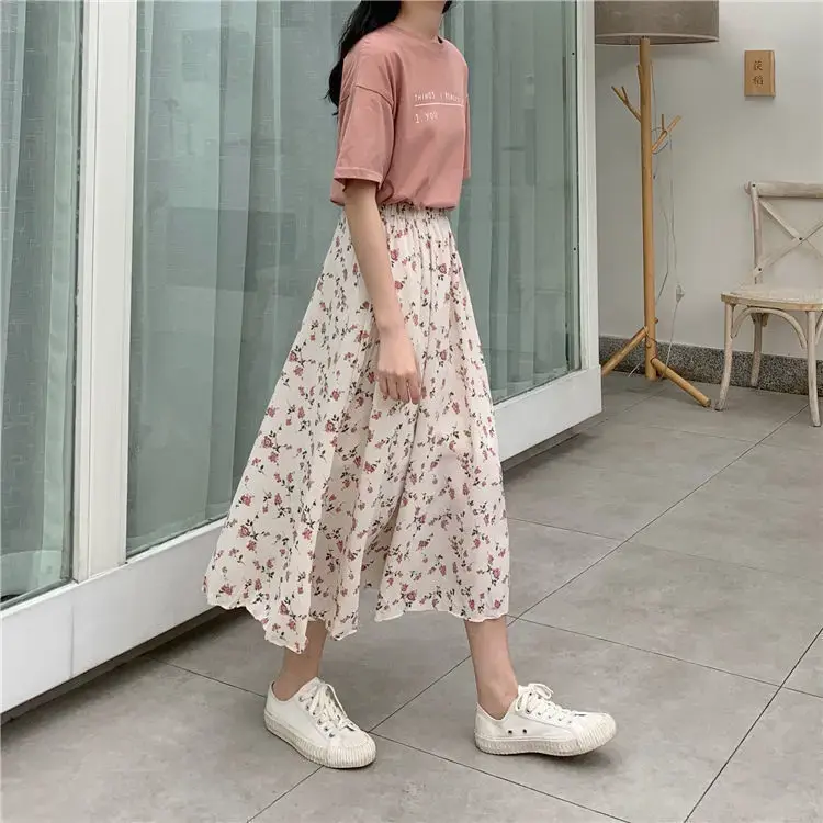 Floral A- Line Mini Skirt Fairy Tale Style Fresh And Light Slimming Long Skirt Polyester Fiber Half-length Gown for Women