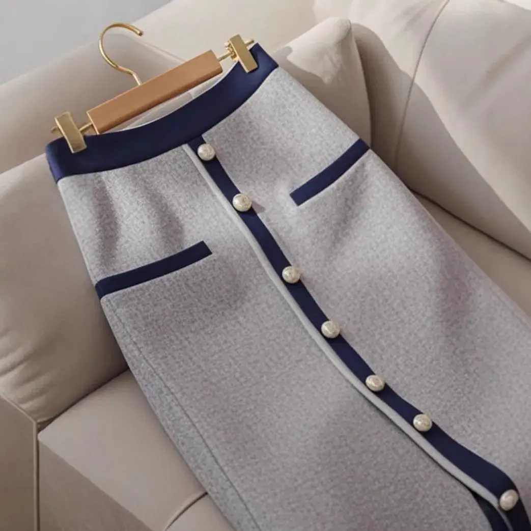 Elegant High-End Petite A- Line Skirt In Grey Slimming High-Waisted Pear-Shaped Body Conscious Design For Autumn