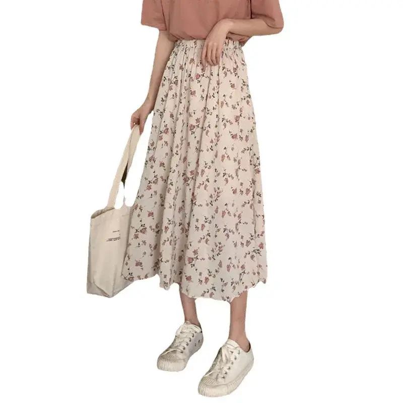 Floral A- Line Mini Skirt Fairy Tale Style Fresh And Light Slimming Long Skirt Polyester Fiber Half-length Gown for Women