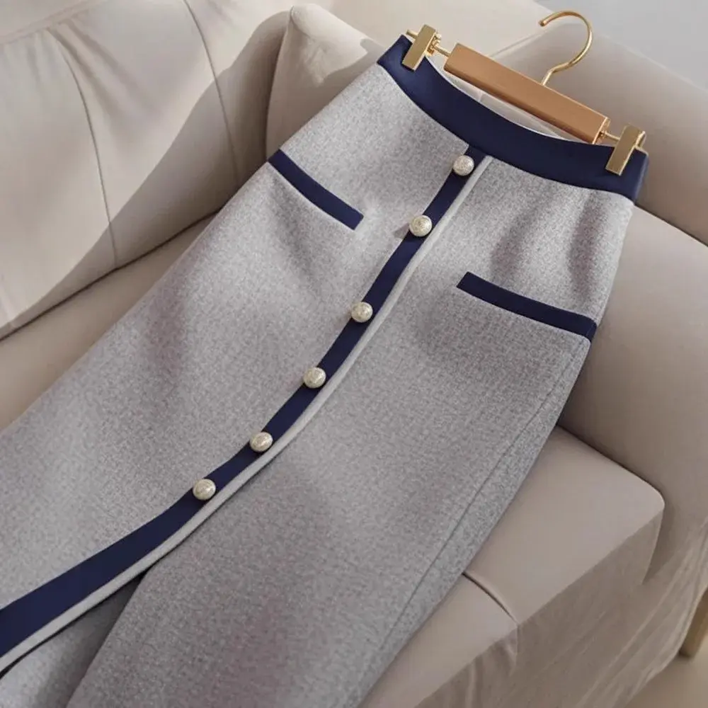 Elegant High-End Petite A- Line Skirt In Grey Slimming High-Waisted Pear-Shaped Body Conscious Design For Autumn