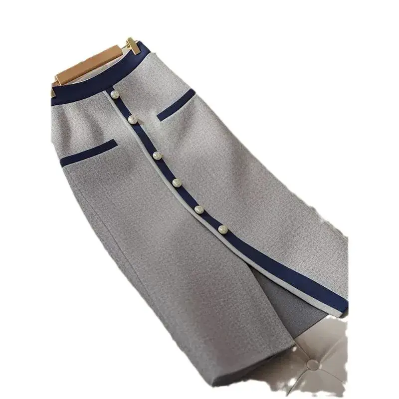 Elegant High-End Petite A- Line Skirt In Grey Slimming High-Waisted Pear-Shaped Body Conscious Design For Autumn