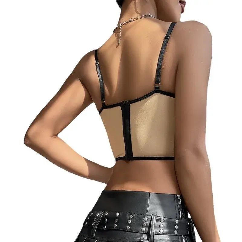 Sexy Spicy Girl Pure Desire Versatile Lace Eyelet Fishbone Steel Ring Button Design Strap Vest Women's Fashion Polyester Blend