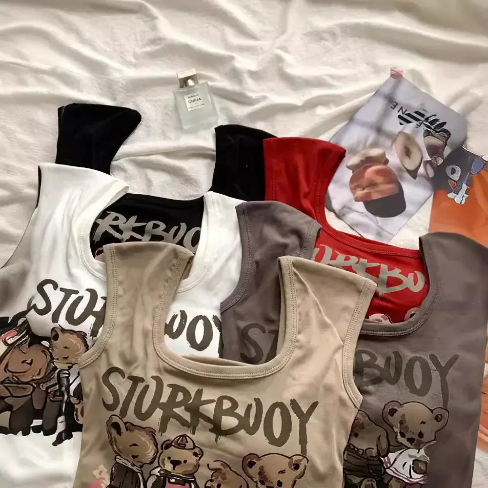 Sweet Spicy Tight Printing Vest With Fixed Pad Summer Slimming U-Neck Small Sleeve Top Back Hollow Polyester Fiber T-Shirt
