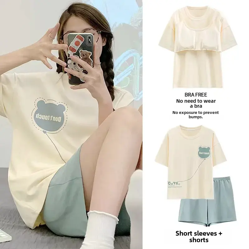 Summer Women's Pajama Set Chest Pad Short Sleeves Home Clothes One-piece Suit New Arrival 2024 Thin Material