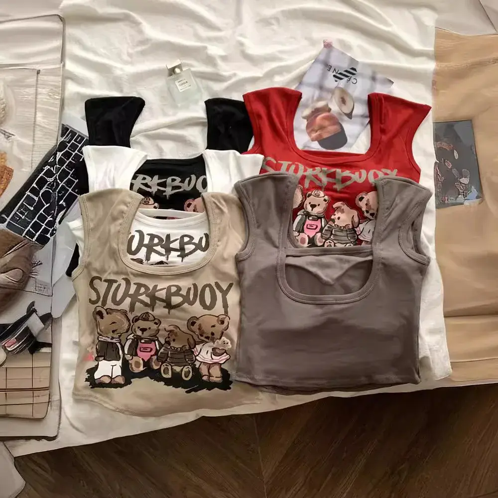 Sweet Spicy Tight Printing Vest With Fixed Pad Summer Slimming U-Neck Small Sleeve Top Back Hollow Polyester Fiber T-Shirt