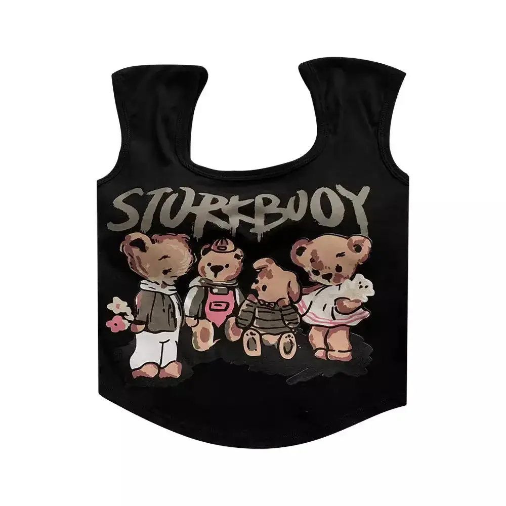 Sweet Spicy Tight Printing Vest With Fixed Pad Summer Slimming U-Neck Small Sleeve Top Back Hollow Polyester Fiber T-Shirt
