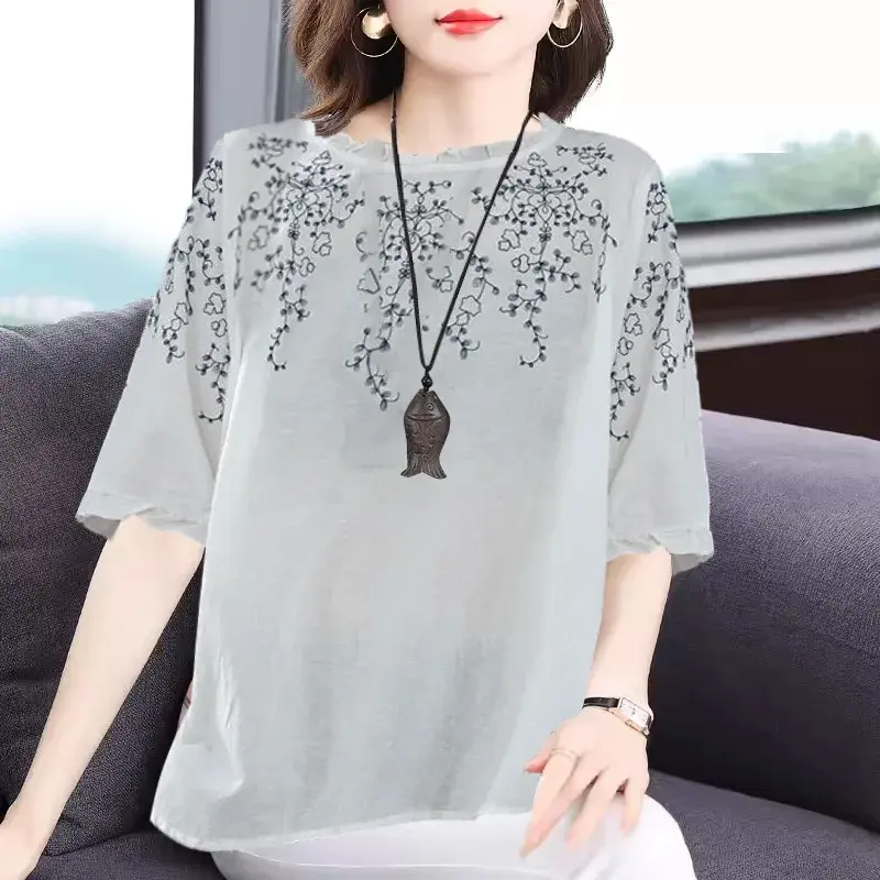 Summer Fashion plus Size Floral Print Half Sleeve Women's T-shirt Lantern Sleeve Base Shirt Wooden Edge Ruffle Short Sleeve Top
