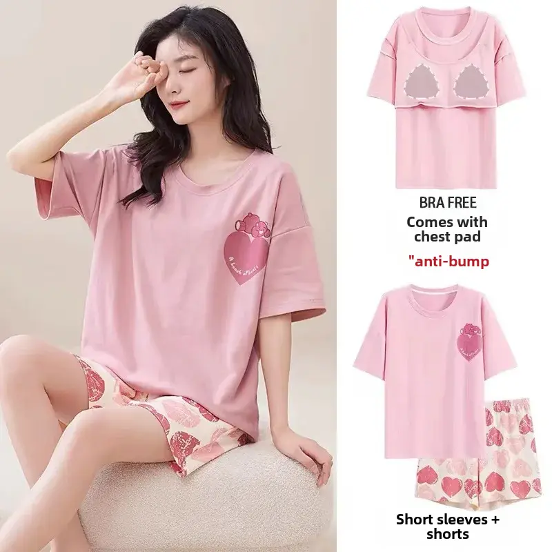 Summer Women's Pajama Set Chest Pad Short Sleeves Home Clothes One-piece Suit New Arrival 2024 Thin Material
