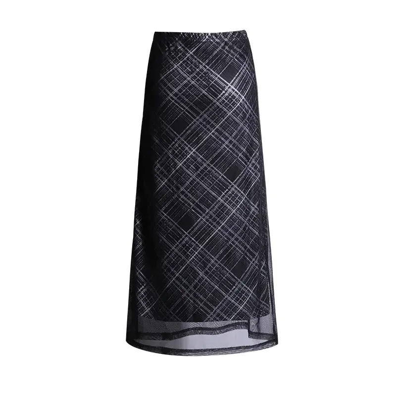 High-Waisted A- Line Slimming Charcoal Grey Plaid Mesh Skirt Women's Spring 2024 New Style Medium-Length Bodycon Skirt