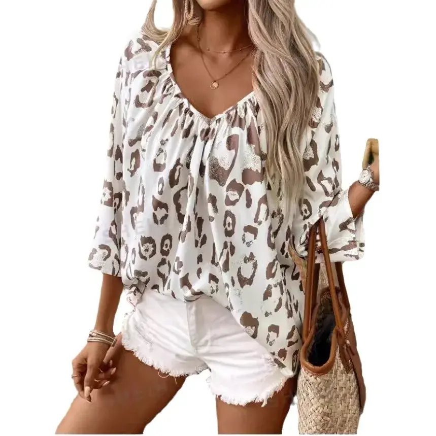 2024 Spring Summer Women's Clothing Elegant Commuting Top Large V-Neck Pleated Seven-Half Sleeve Shirt BB0303 Polyester Fiber