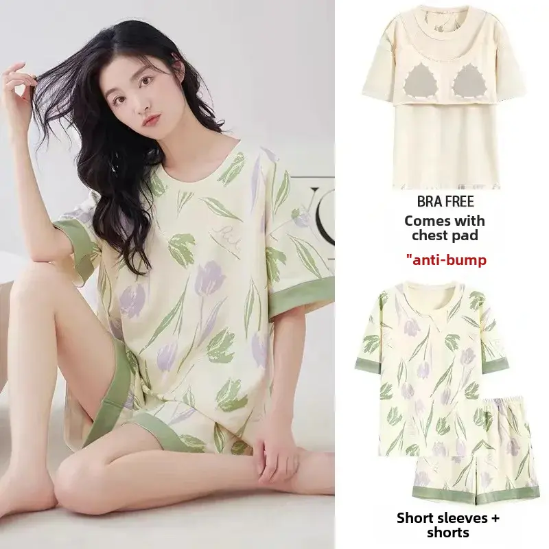 Summer Women's Pajama Set Chest Pad Short Sleeves Home Clothes One-piece Suit New Arrival 2024 Thin Material