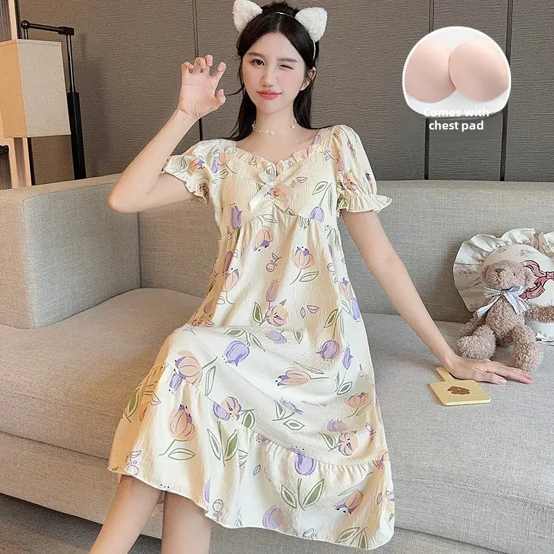 New Summer Women's Sleepwear Chest Pad Woven Trench Cloud Cotton Home Nightgown Medium-length Women's Pajamas
