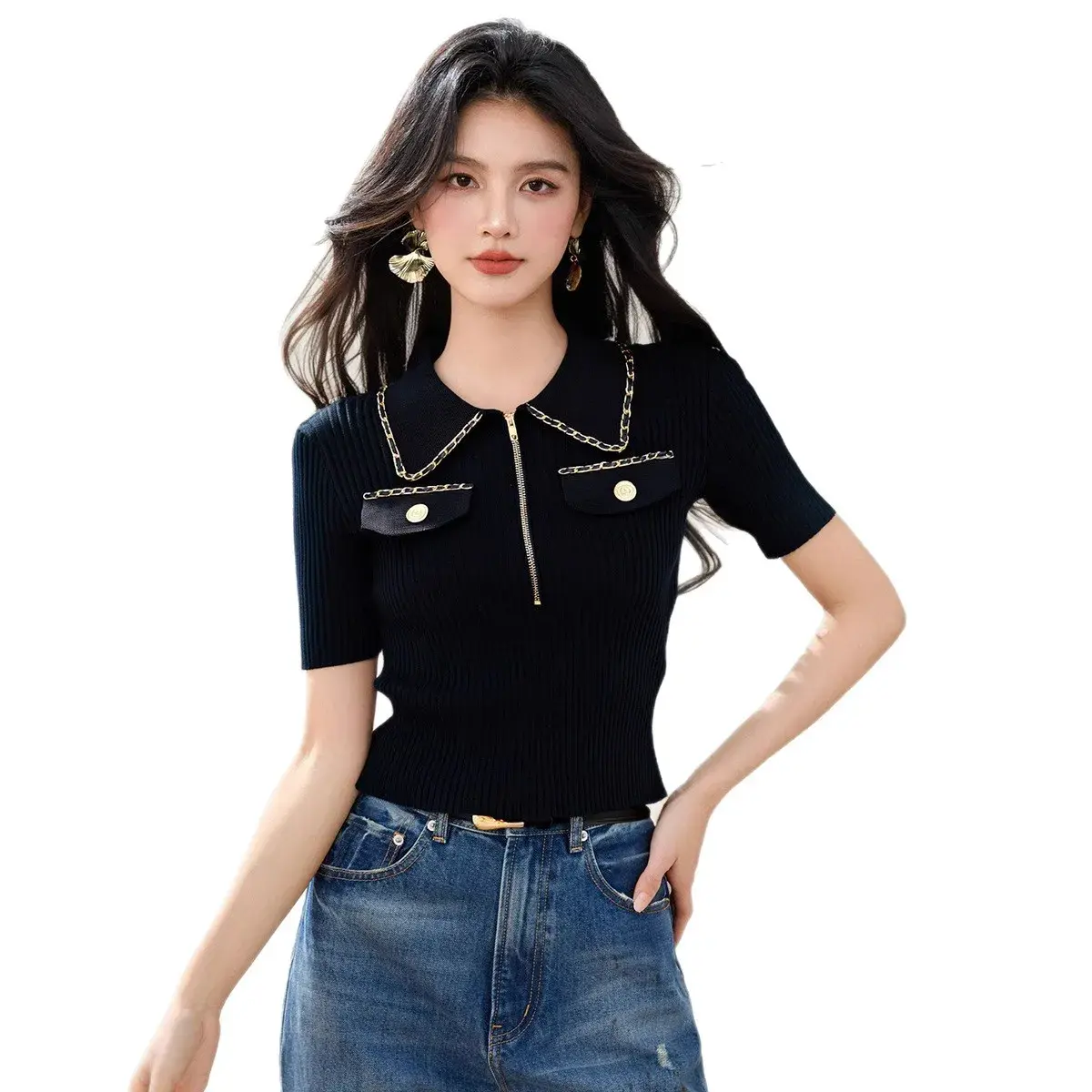 Summer 2025 Korean Style Polo Neck Zipper Short Sleeve Slim Fit Versatile Knitwear Top Fashionable Elegant Trendy T-shirt