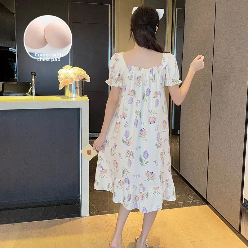New Summer Women's Sleepwear Chest Pad Woven Trench Cloud Cotton Home Nightgown Medium-length Women's Pajamas
