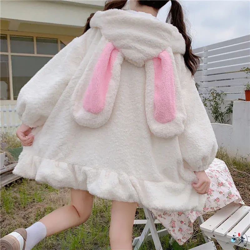 Cute Rabbit Plush Jacket Hooded Thickened Lamb Velvet Zipper Coat Mid-Length Women's Sweatshirt Hat Autumn Winter Clothes