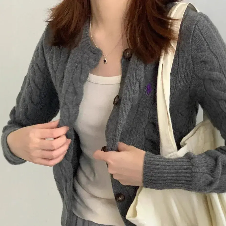 Autumn Winter Knitted Wool Sweater Crew Neck Embroidered Logo Simple Style Match All Retro Open Cardigan for Women