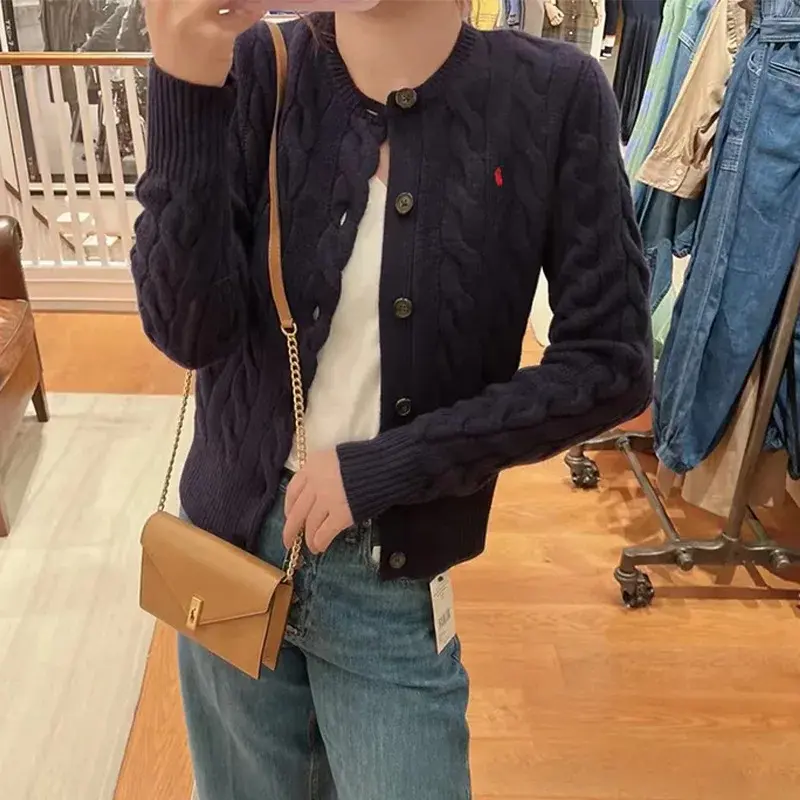 Autumn Winter Knitted Wool Sweater Crew Neck Embroidered Logo Simple Style Match All Retro Open Cardigan for Women