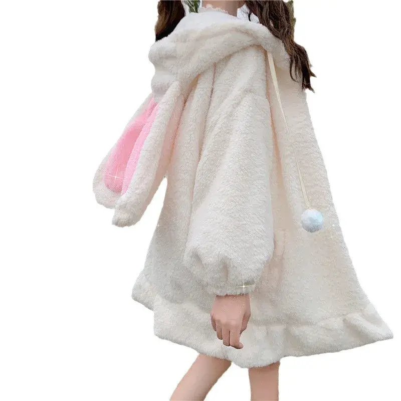 Cute Rabbit Plush Jacket Hooded Thickened Lamb Velvet Zipper Coat Mid-Length Women's Sweatshirt Hat Autumn Winter Clothes