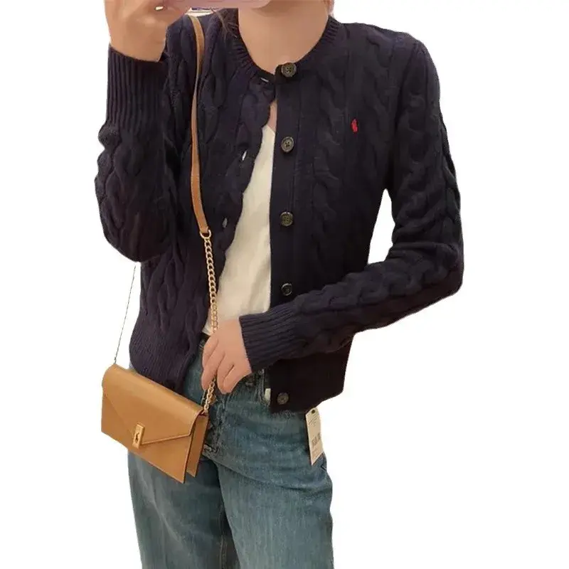 Autumn Winter Knitted Wool Sweater Crew Neck Embroidered Logo Simple Style Match All Retro Open Cardigan for Women